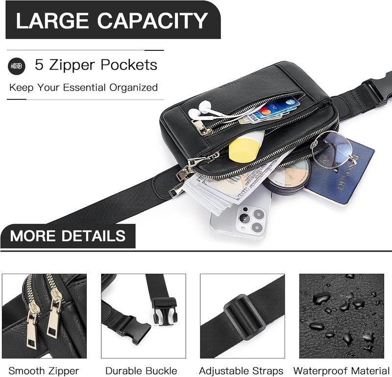Telena Fanny Packs for Women Cross Body Bag Leather Belt Bag Fashionable Waist Bag with Adjustable Strap Black - Image 4